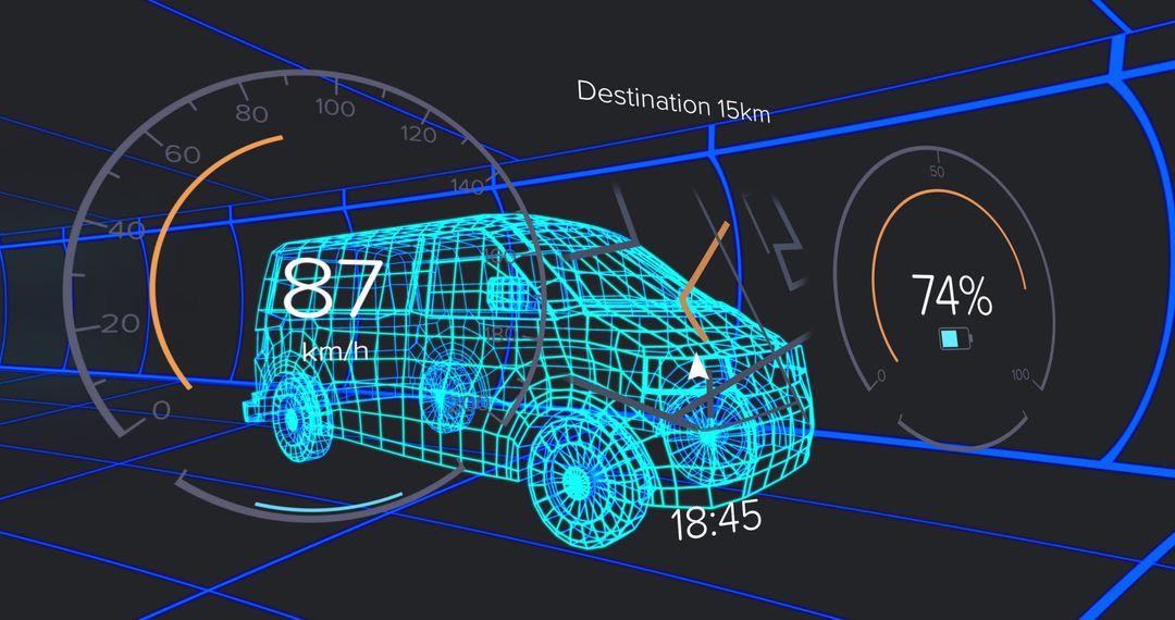 Futuristic Wireframe Van Navigating Digital Grid Tunnel with Speedometer