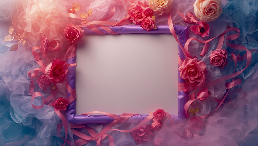 Romantic Rose Frame with Pastel Tulle and Ribbons