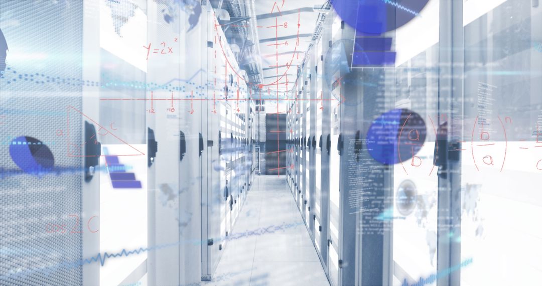 Data Processing and Mathematical Equations Overlay in Server Room