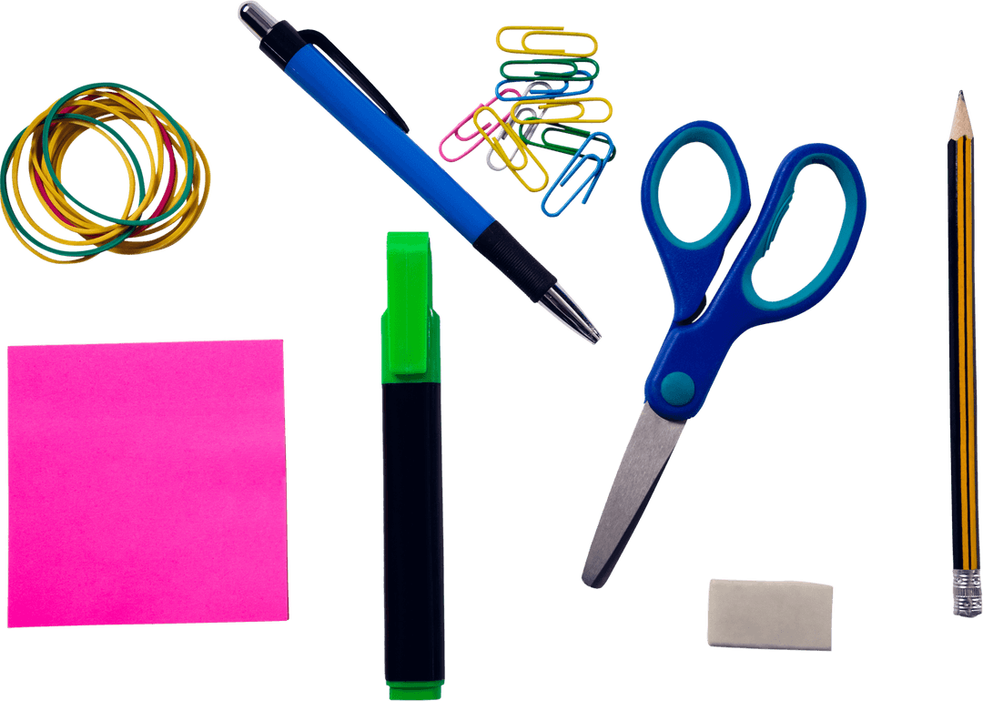 Assorted Office Supplies on Transparent Background