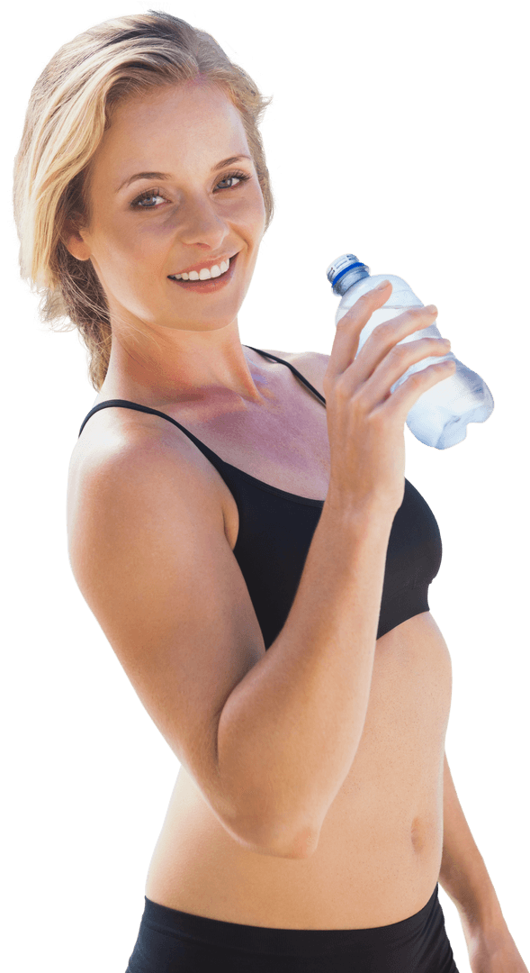 Smiling Female Athlete Drinking Water with Transparent Background