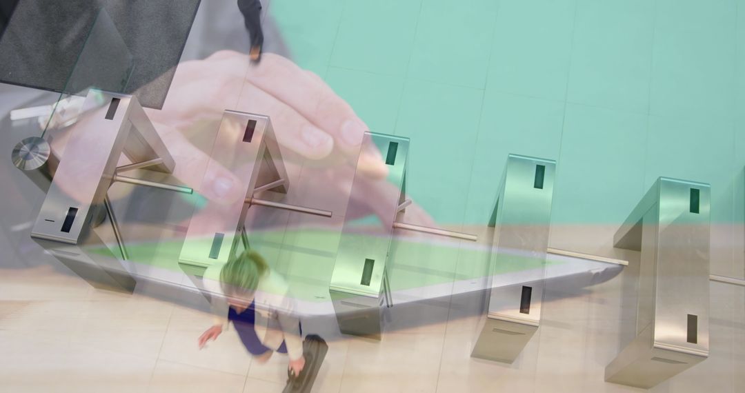 Hands Using Tablet Over Turnstile Security Contrast