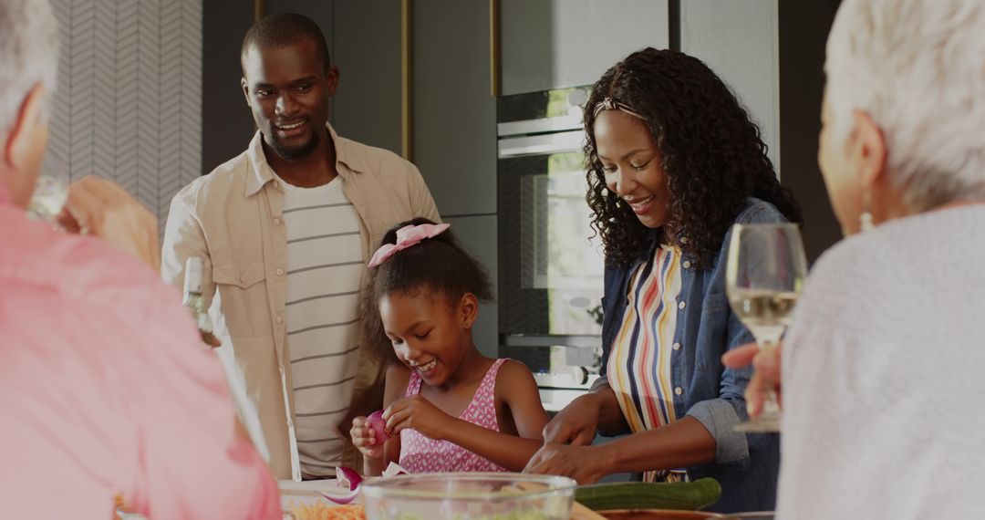 Multigenerational Mixed-Race Family Preparing Meal Together in Modern Kitchen Island
