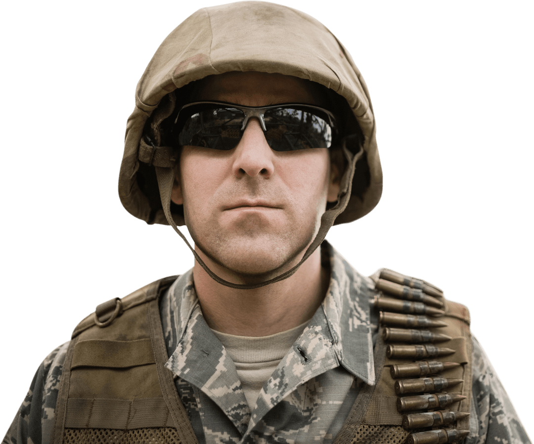 Transparent Portrait of Military Soldier in Uniform with Ammo Belt