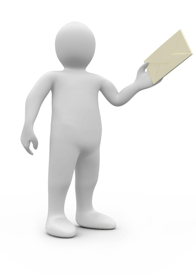 White 3D Figure Holding Envelope on Transparent Background