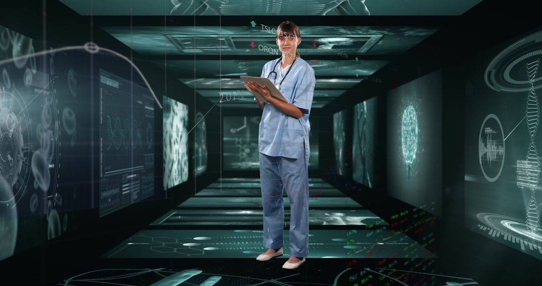 Doctor Analyzing Data in Futuristic Virtual Space