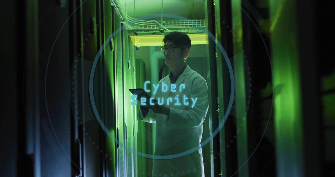 IT Professional Managing Datacenter with Cybersecurity Hologram