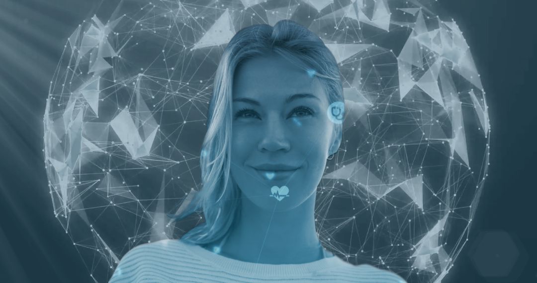 Smiling Woman Immersed in Digital Networking Futurism