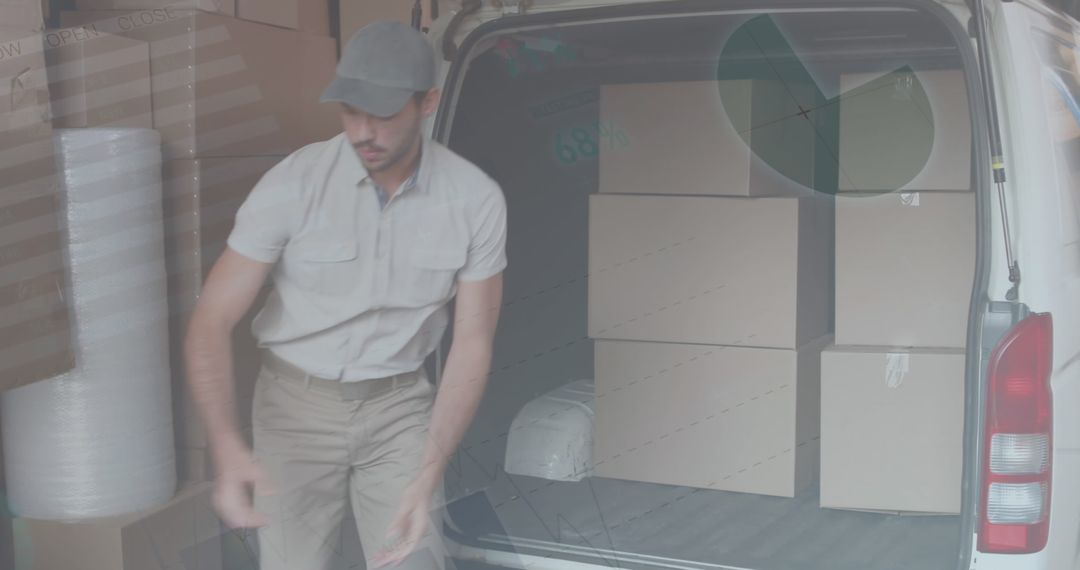 Delivery Man Organizing Boxes in Van with Data Overlay
