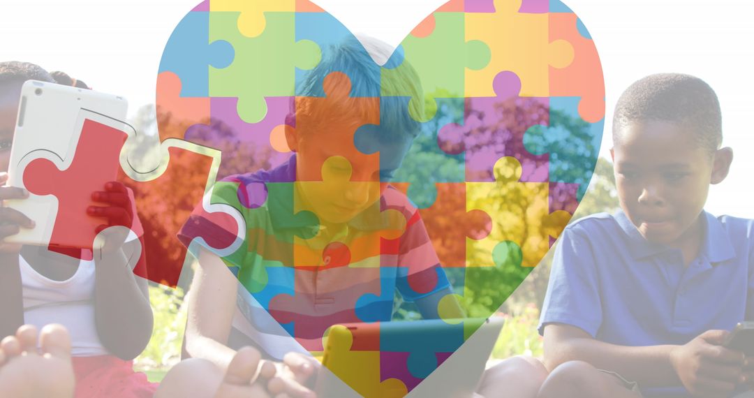 Children Engaging Outdoors with Technology and Heart Puzzle