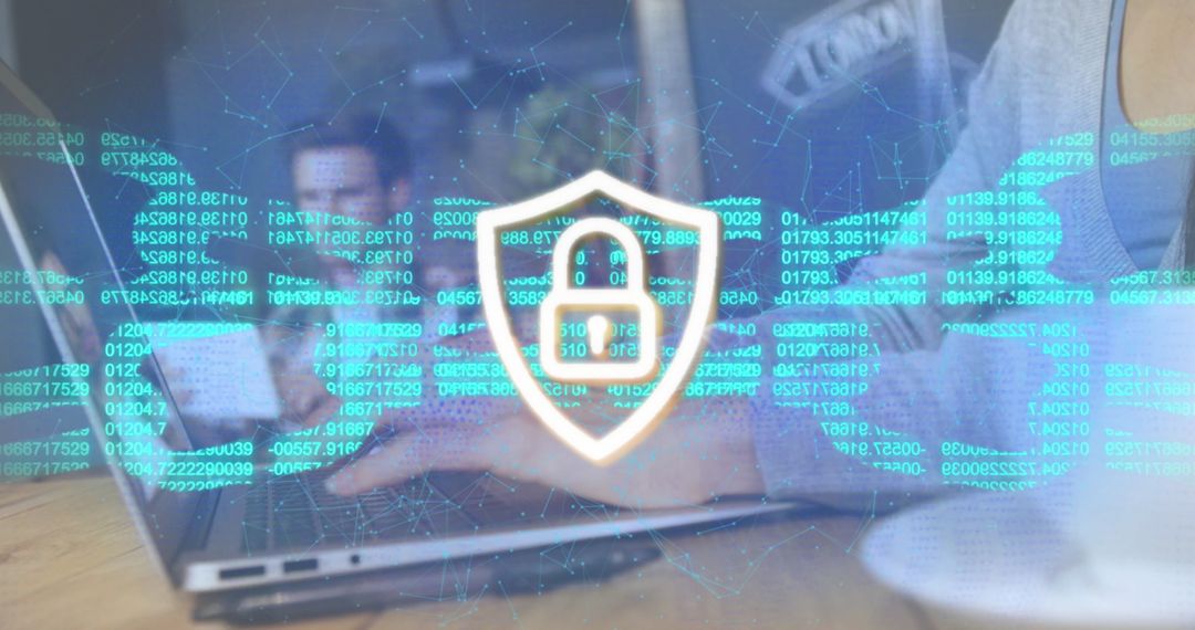 Cybersecurity Concept with Data and Padlock Overlay on Laptop Screen