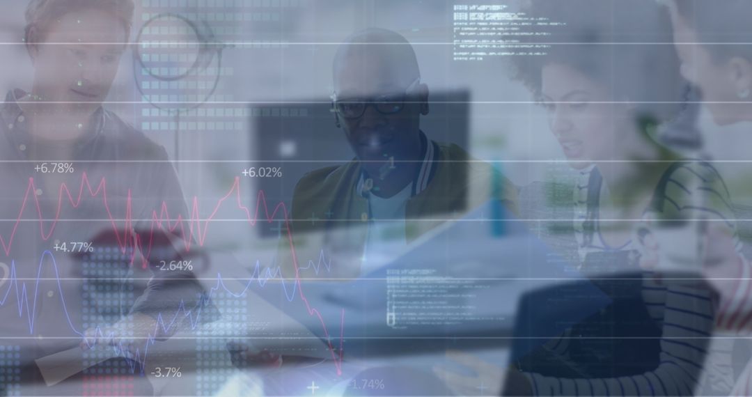 Team Meeting with Digital Data Overlay Showing Graphs and Codes