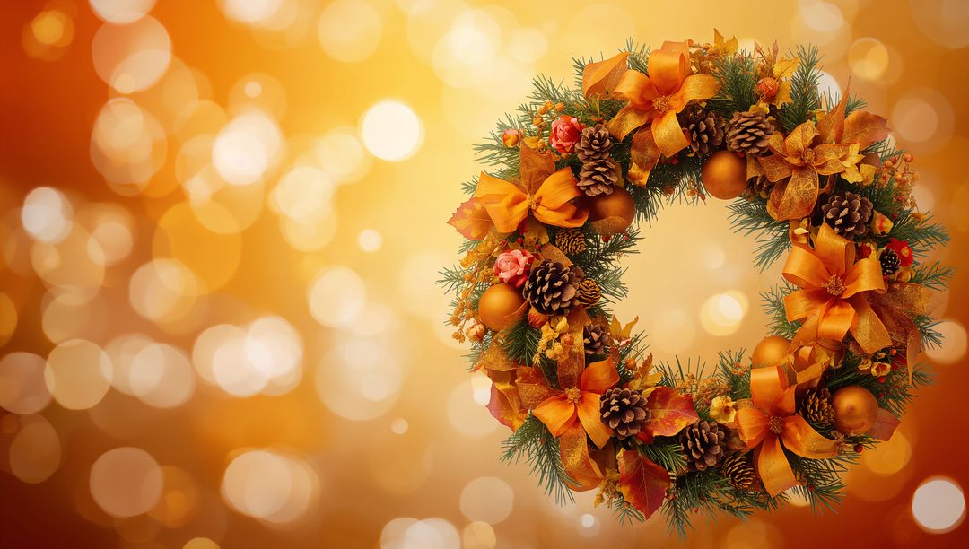 Golden Autumn Holiday Wreath with Pinecones, Ribbon Bows and Bokeh Lights