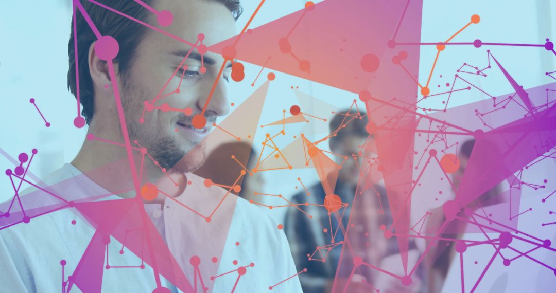 Smiling Professional with Glowing Digital Network Overlay in Modern Office