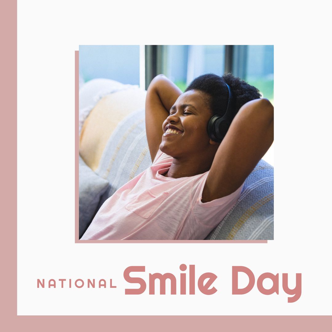 Joyful African American Woman Relaxing with Music for National Smile Day