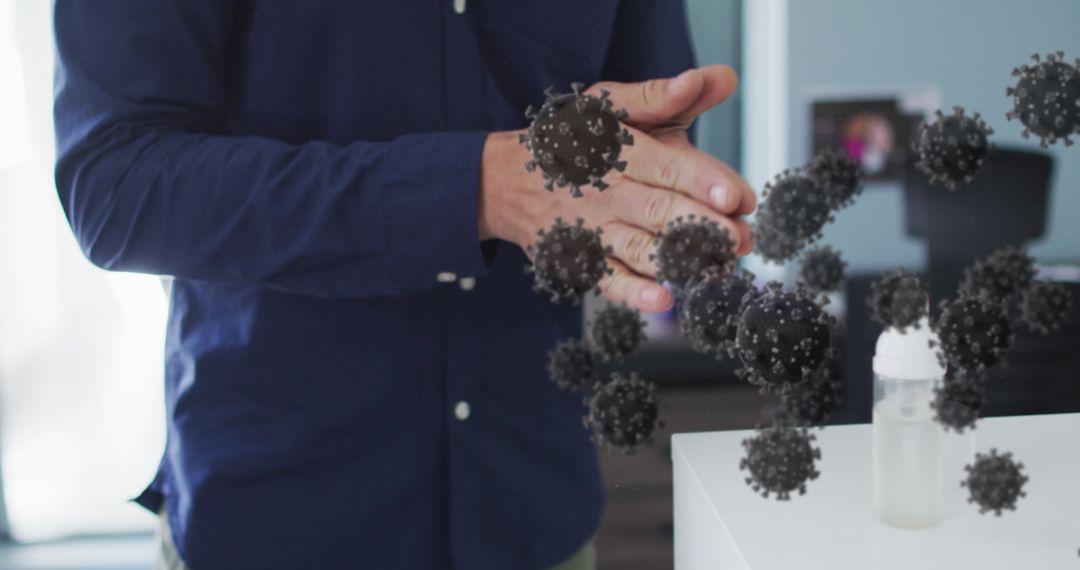 Man Sanitizing Hands with Visualized COVID-19 Cells Surrounding