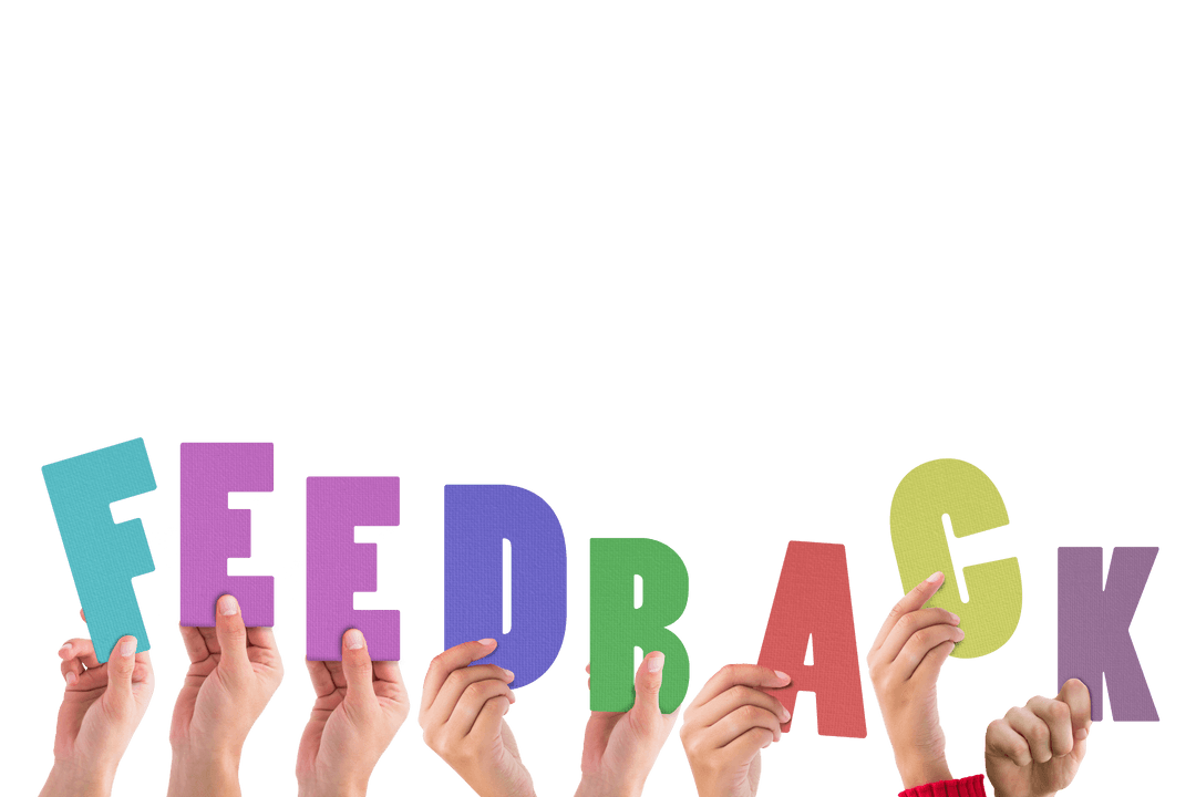 Hands Holding Colorful Feedback Letters on Transparent Background