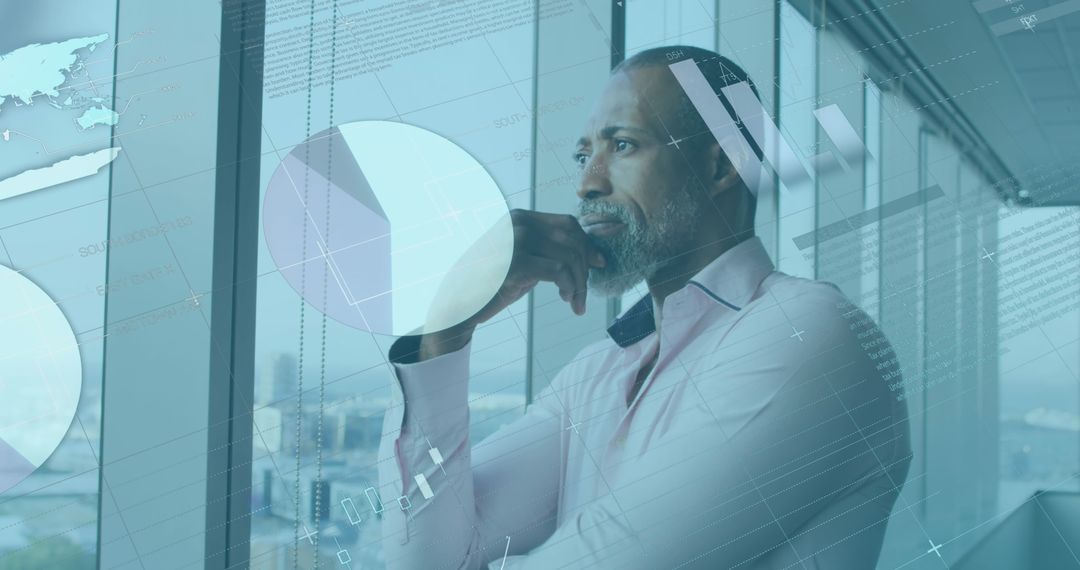 Businessman Contemplating Future with Data Visualizations