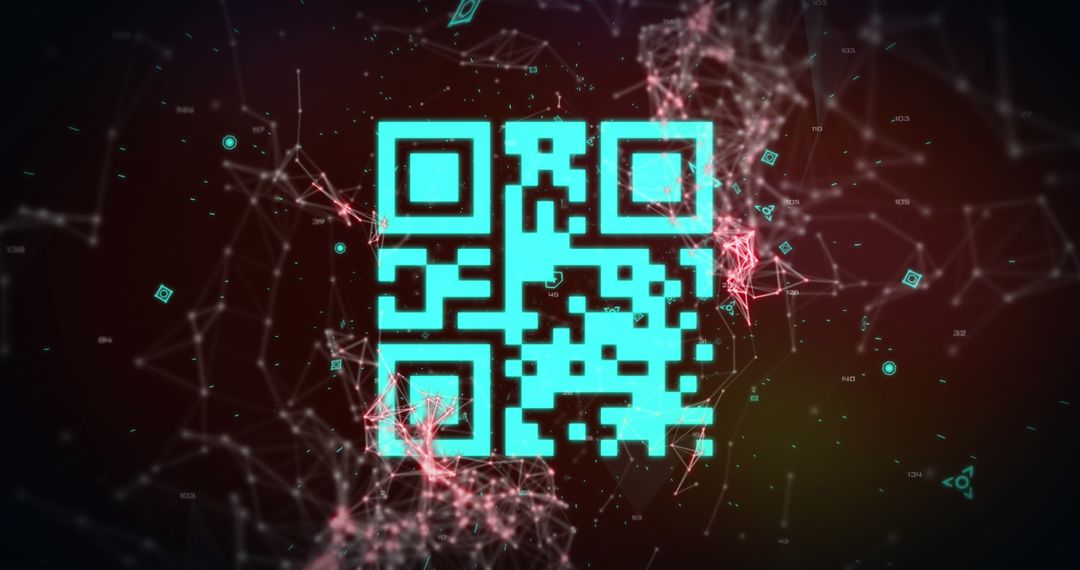 Blue QR Code with Digital Network on Red Background