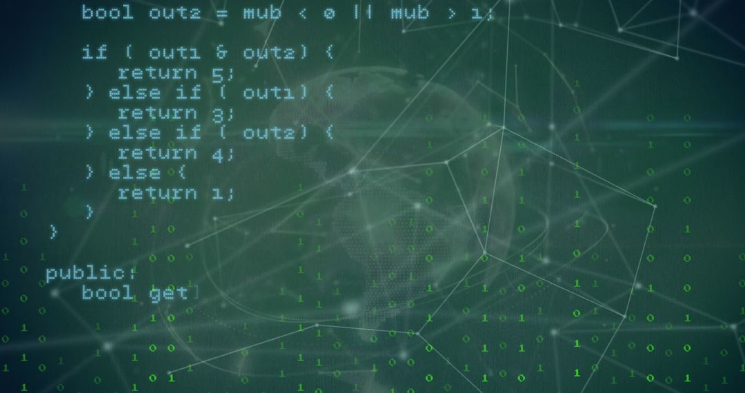 Binary Code Overlays Global Network on Green Background