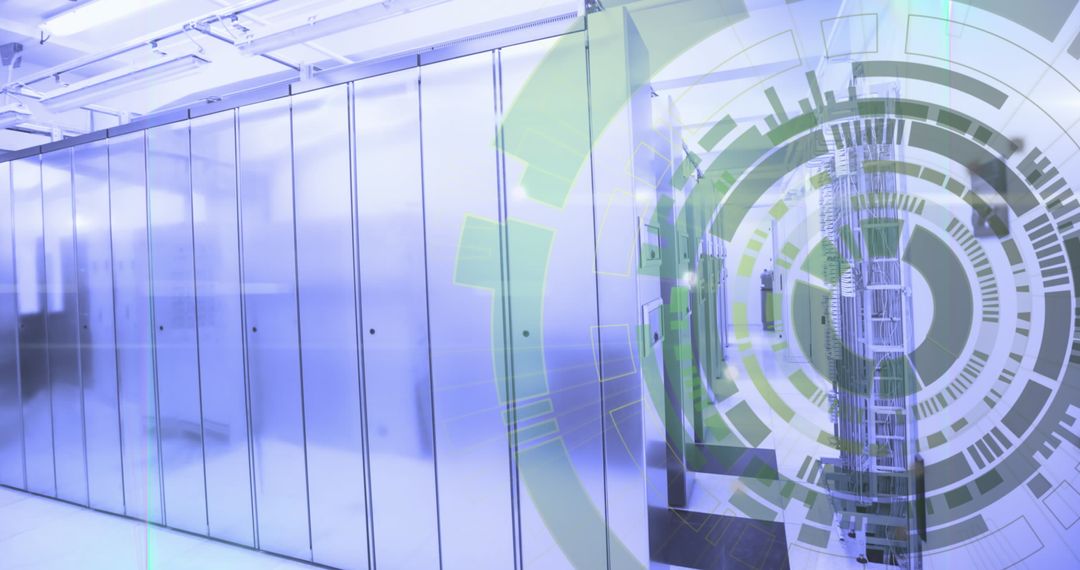 Futuristic Data Center With Digital Overlay and Server Racks
