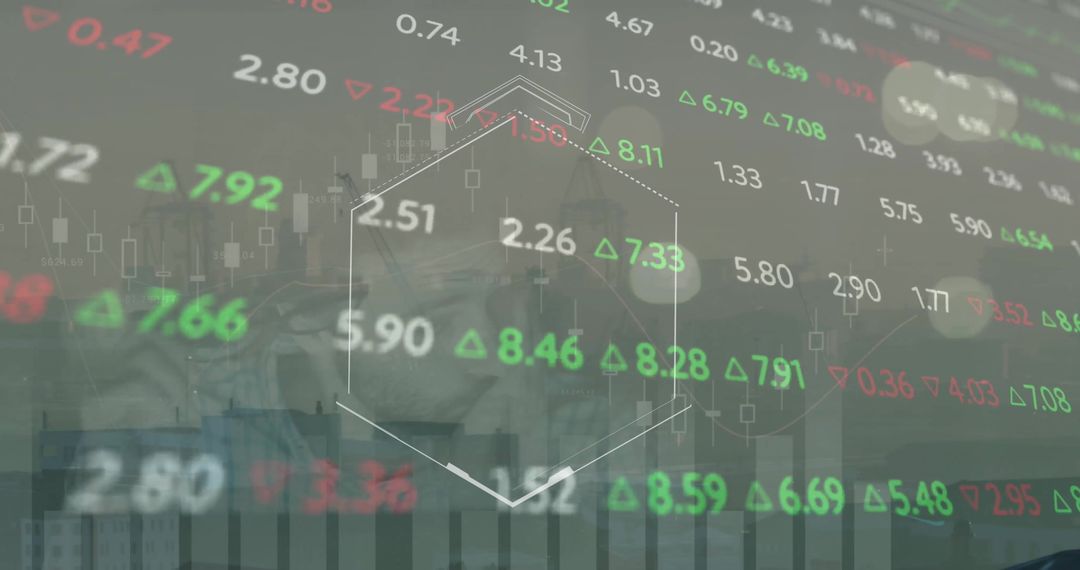 Digital Financial Data Overlay with Cityscape in Background