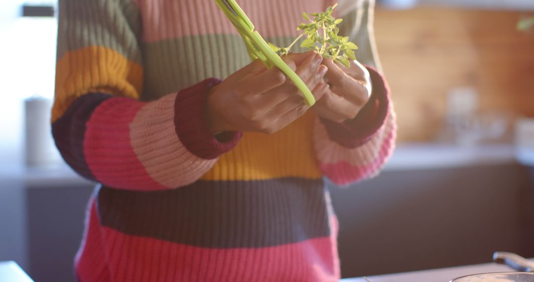 Woman in Colorful Sweater Prepping Fresh Greens in Bright Kitchen - Free Images, Stock Photos and Pictures on Pikwizard.com