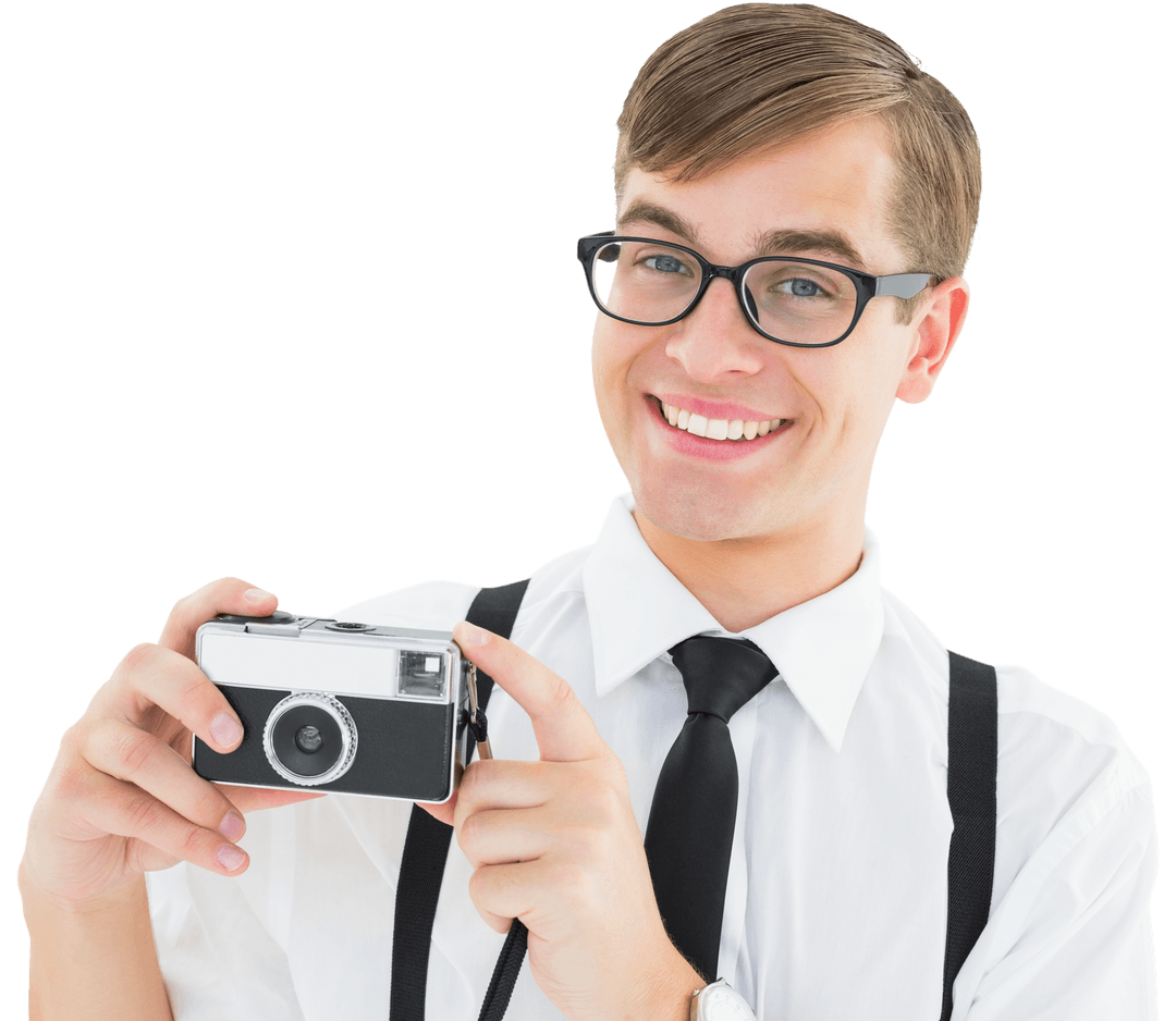 Vintage Enthusiast in Glasses Holding Transparent Retro Camera