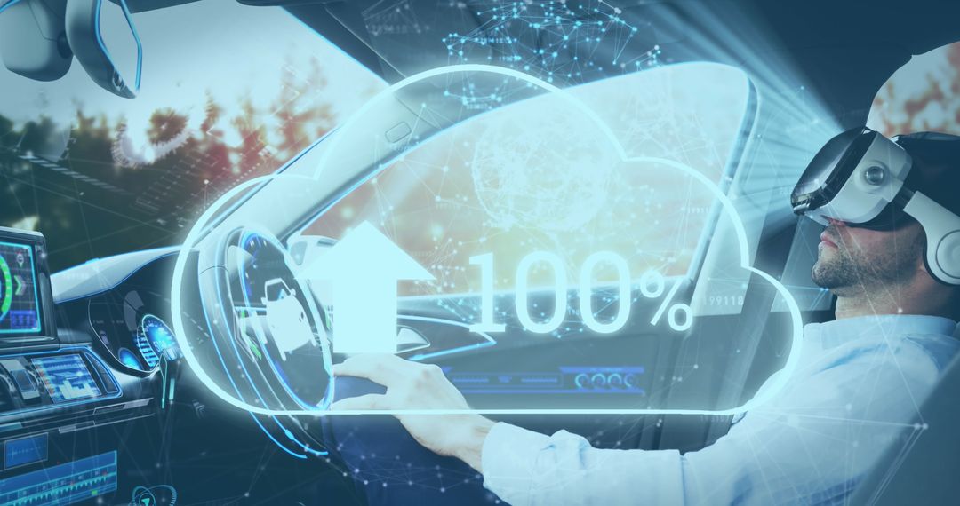 Man in VR Headset Experiencing Self-Driving Car Intelligence