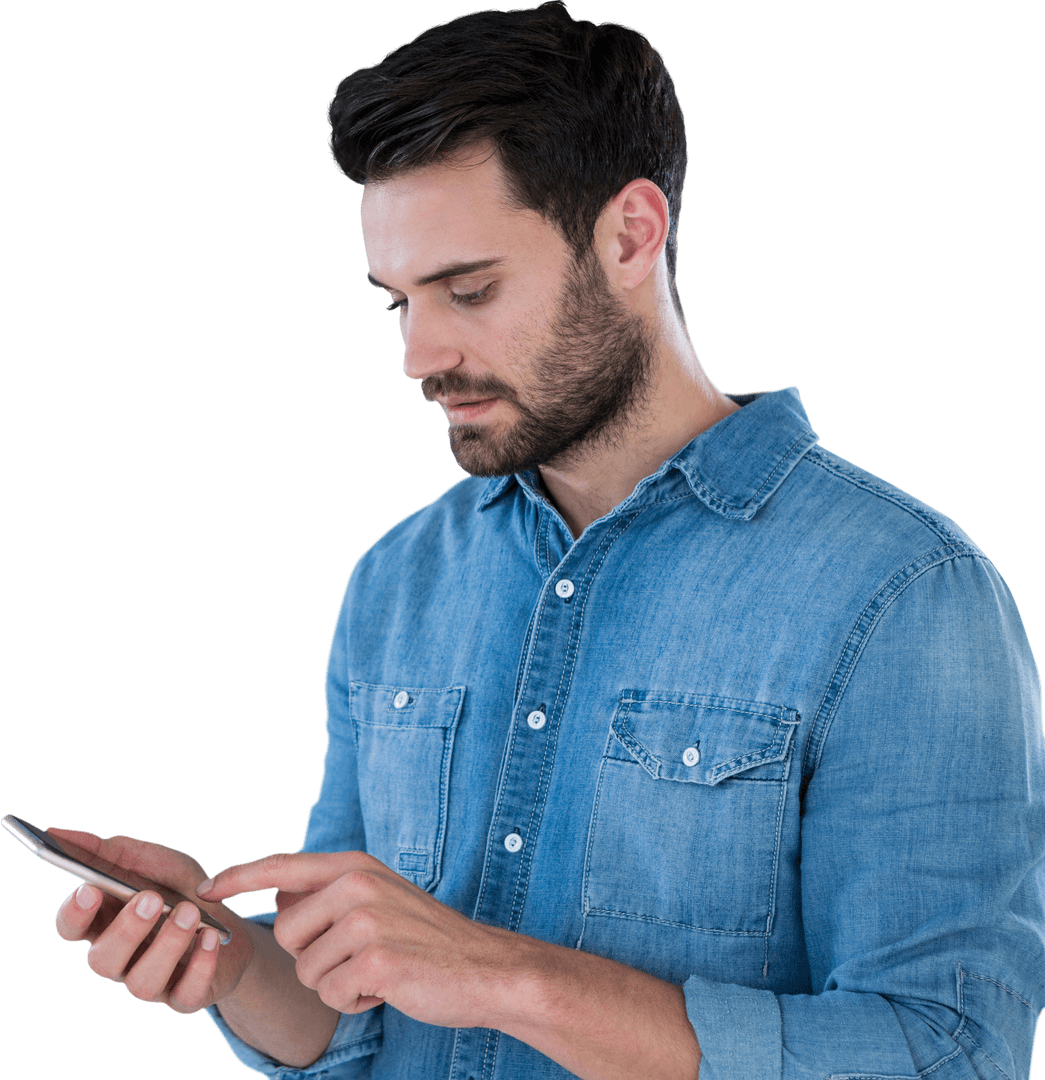 Transparent Man in Denim Shirt Texting on Smartphone
