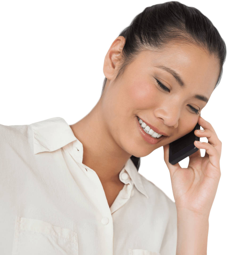 Transparent Background Smiling Asian Businesswoman on Cellphone