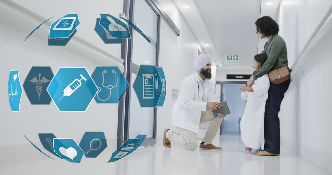 Doctor Consulting Mother and Child with Digital Health Icons