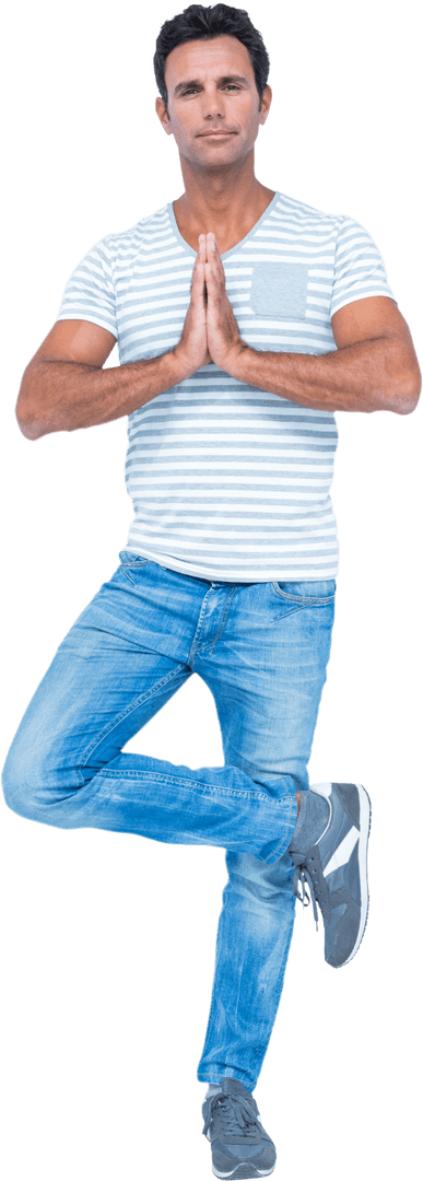Transparent Full Length Man Doing Yoga Tree Pose Casually