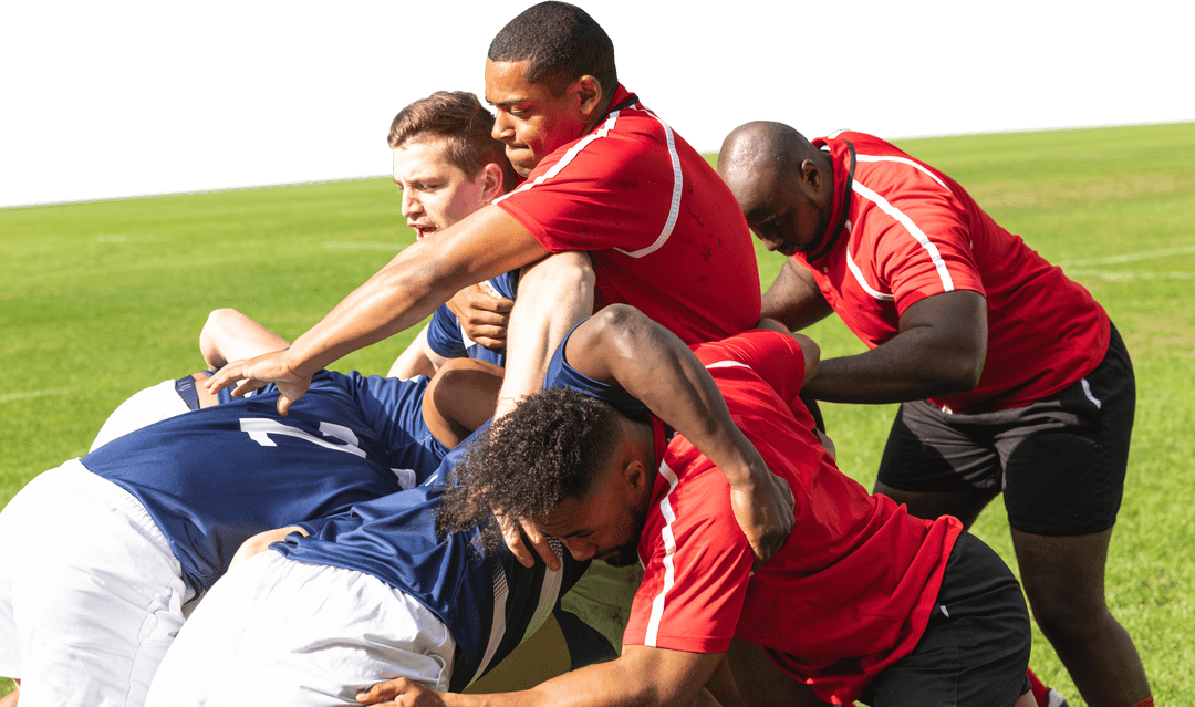 Diverse Rugby Players Competing on Field with Transparent Background