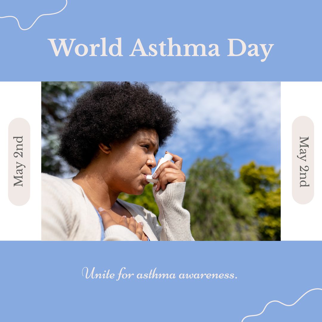 Woman Using Inhaler for Asthma Awareness Campaign Outdoors