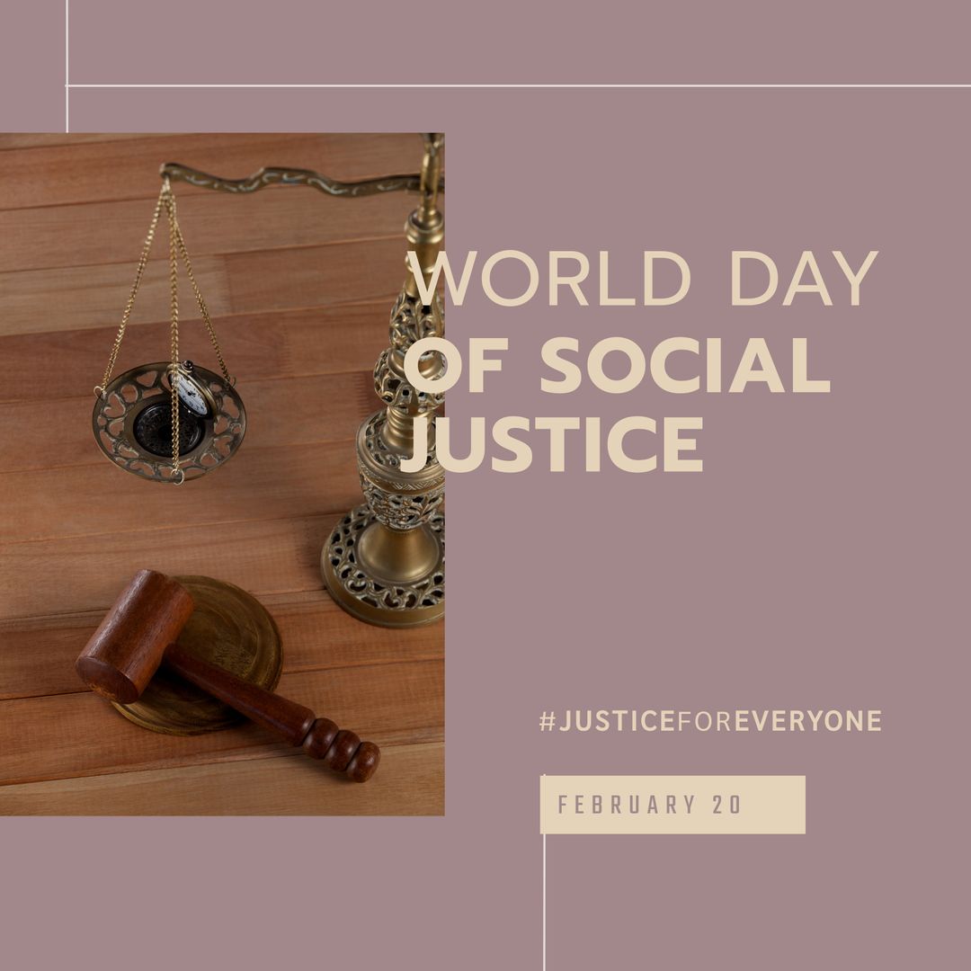Social Justice Day Concept with Scales and Gavel on Wood