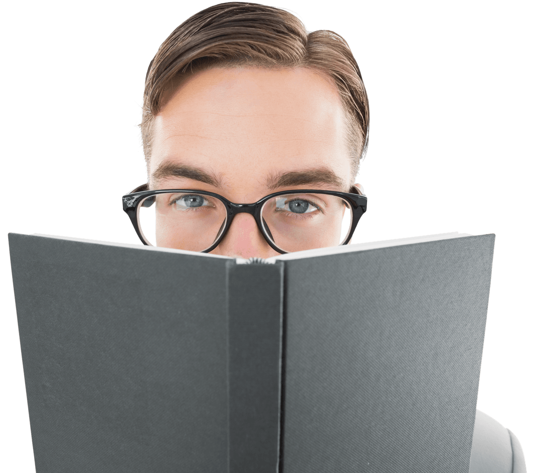 Transparent Image of Man with Glasses Hidden Behind Book