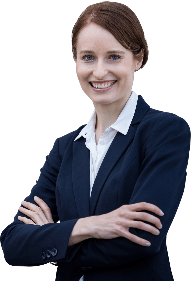 Transparent Confident Businesswoman Smiling in Formal Suit