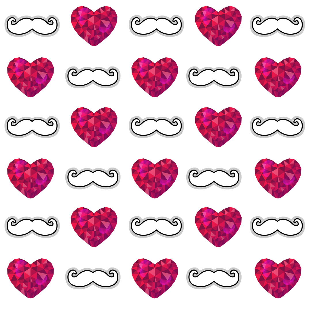 Playful Heart and Mustache Pattern on Transparent Background