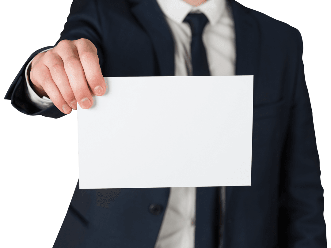 Businessman Presenting Blank Card for Transparent Corporate Design