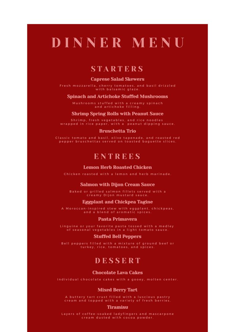 Elegant Dinner Menu with Gourmet Dishes on Red Background - Download Free Stock Templates Pikwizard.com