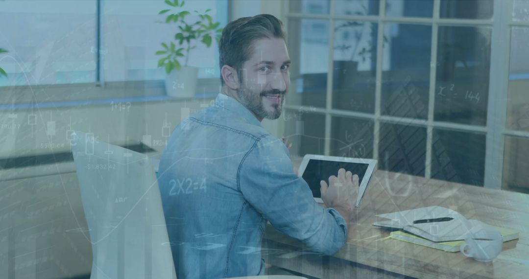 Smiling Businessman Using Tablet with Digital Interface Overlay