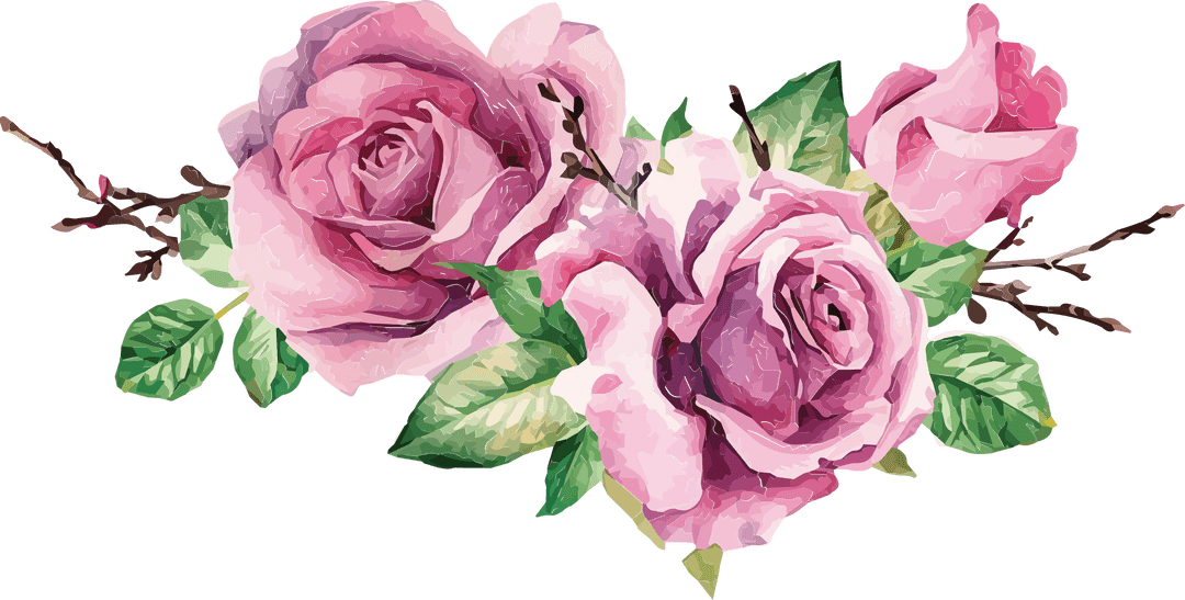 Digital Pink Roses with Green Leaves on Transparent Background