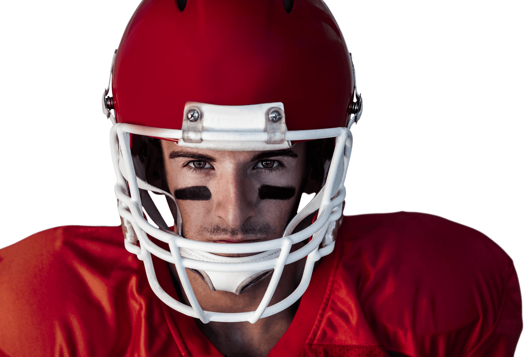 Serious Rugby Player in Red Helmet and Gear Transparent Background