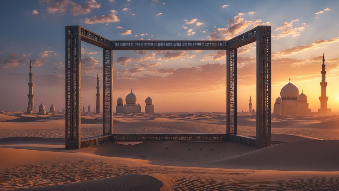 Ornate Frame in Scenic Desert Sunset with Silhouetted Minarets