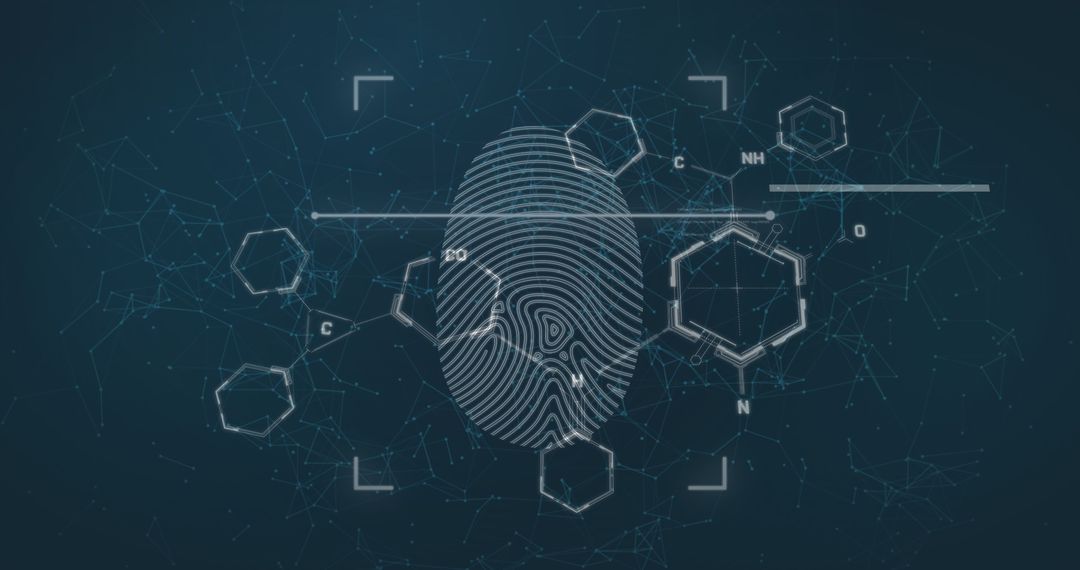 Biometric Fingerprint with Chemical Structures on Blue Tech Background