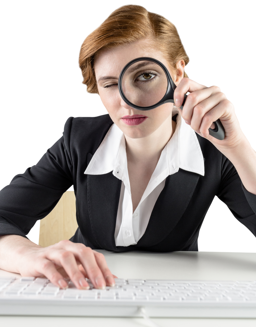 Businesswoman Examining Detail with Transparent Magnifying Glass in Hands - Download Free Stock Images Pikwizard.com