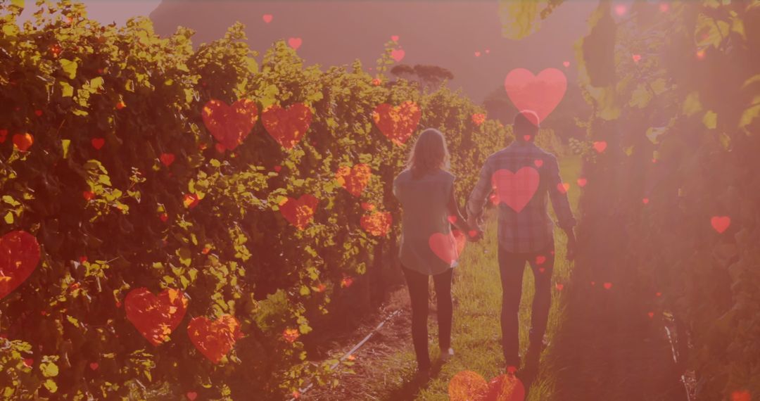 Romantic Moments in Vineyard at Sunset with Couples and Hearts