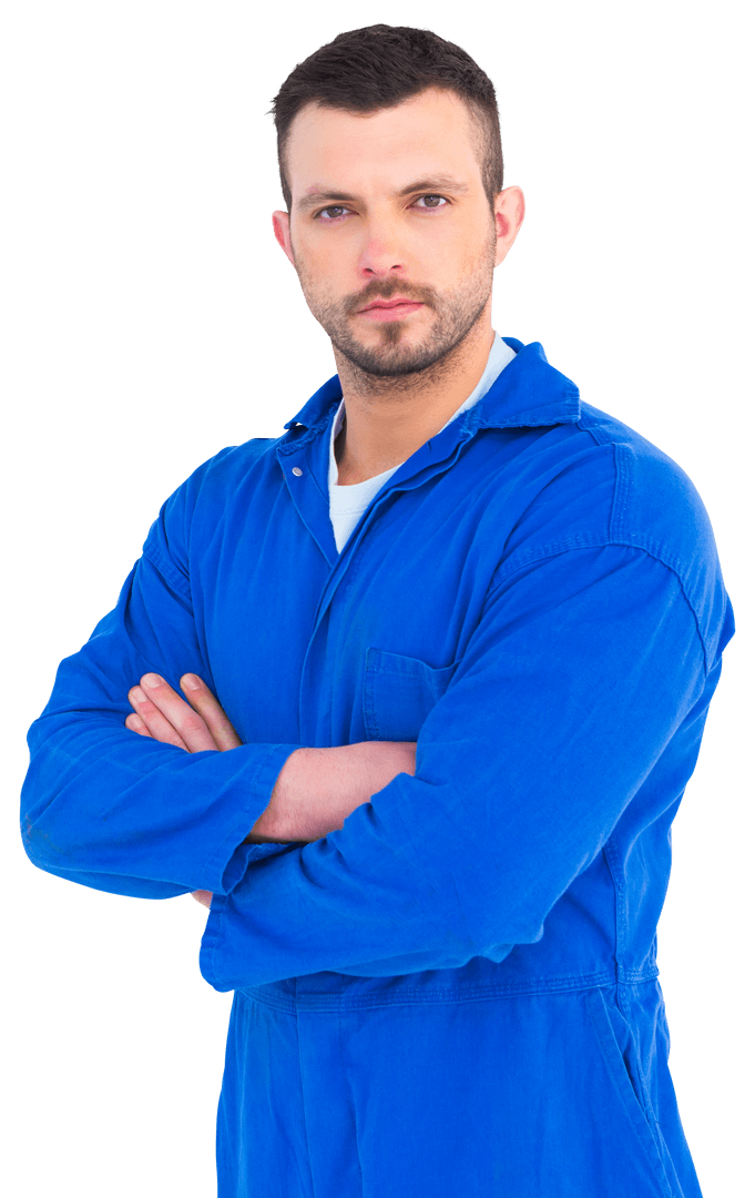 Transparent Portrait of Male Mechanic with Arms Crossed in Blue Overalls