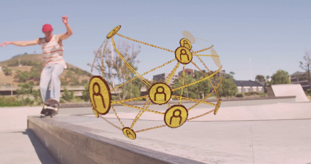 Skateboarder in Urban Park with Technological Network Overlay